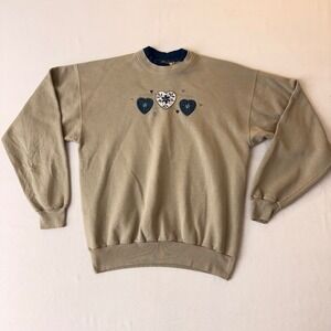 Top Stitch by Morning Sun Vintage Heart Floral Embroidered Sweatshirt Tan Medium